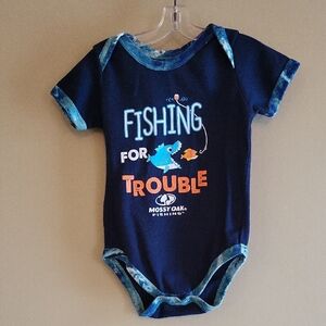 Mossy Oak navy blue "Fishing for Trouble" onesie/bodysuit
